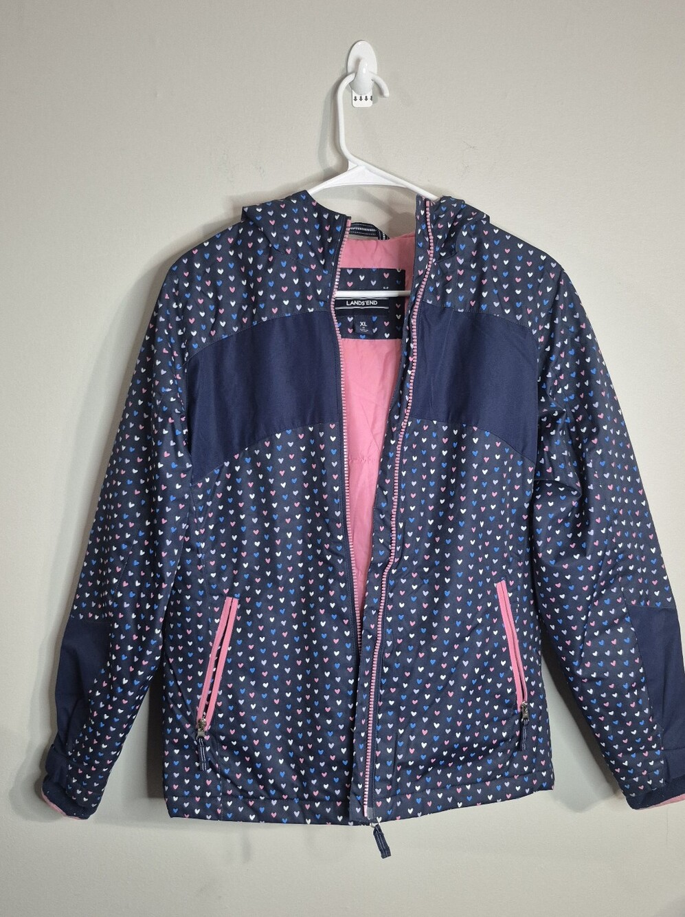 Lands' End Navy Hooded Jacket with Pink Heart Print Girls Size XL 16